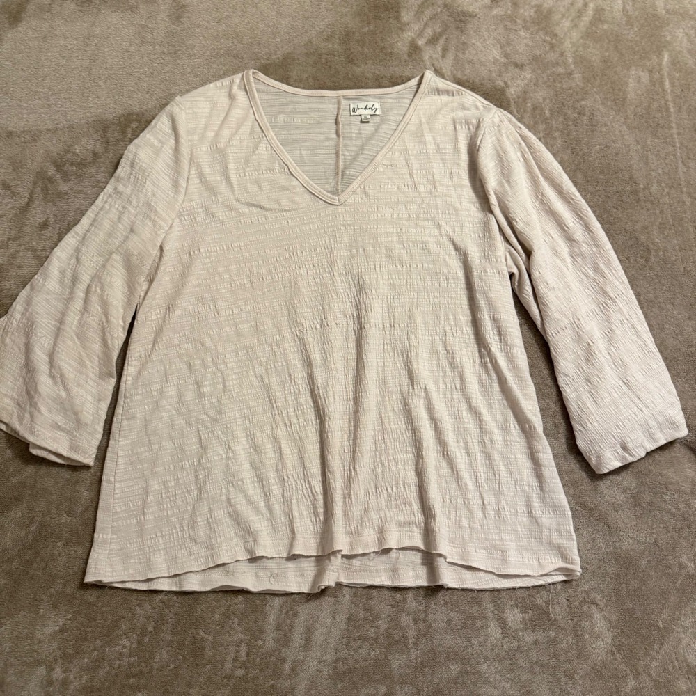 Wonderly Womens XL Cream Textured V-Neck Bell Sleeve Blouse Top RN31104